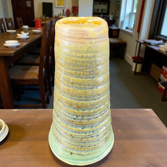 Vintage Hand Made Stoneware Pottery Bud Vase Brown Green Glaze Artist Marked VTG - Picture 1 of 12